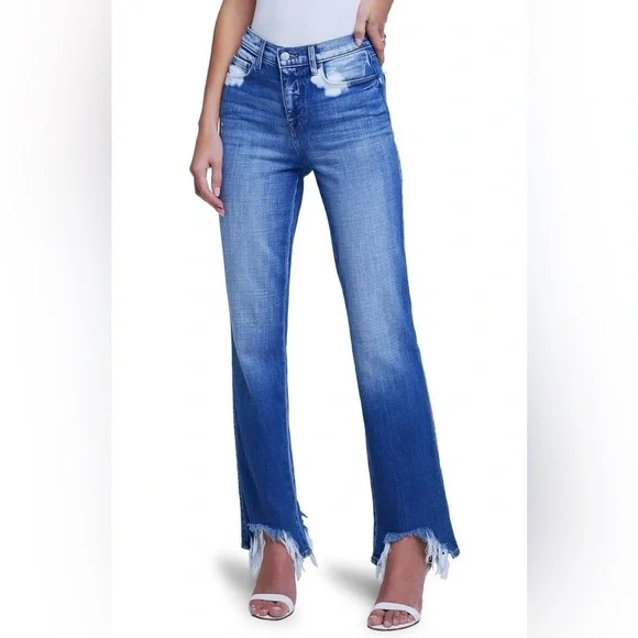 L’agence Harmon Bleach High Rise Straight Leg Jeans Bitten Fray Hem size 28 or 6 - Picture 7 of 11